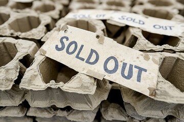 Close - up of a "SOLD OUT" paper sign on egg trays, indicating product unavailability, suitable for use in retail, inventory management, or stock - related design projects.