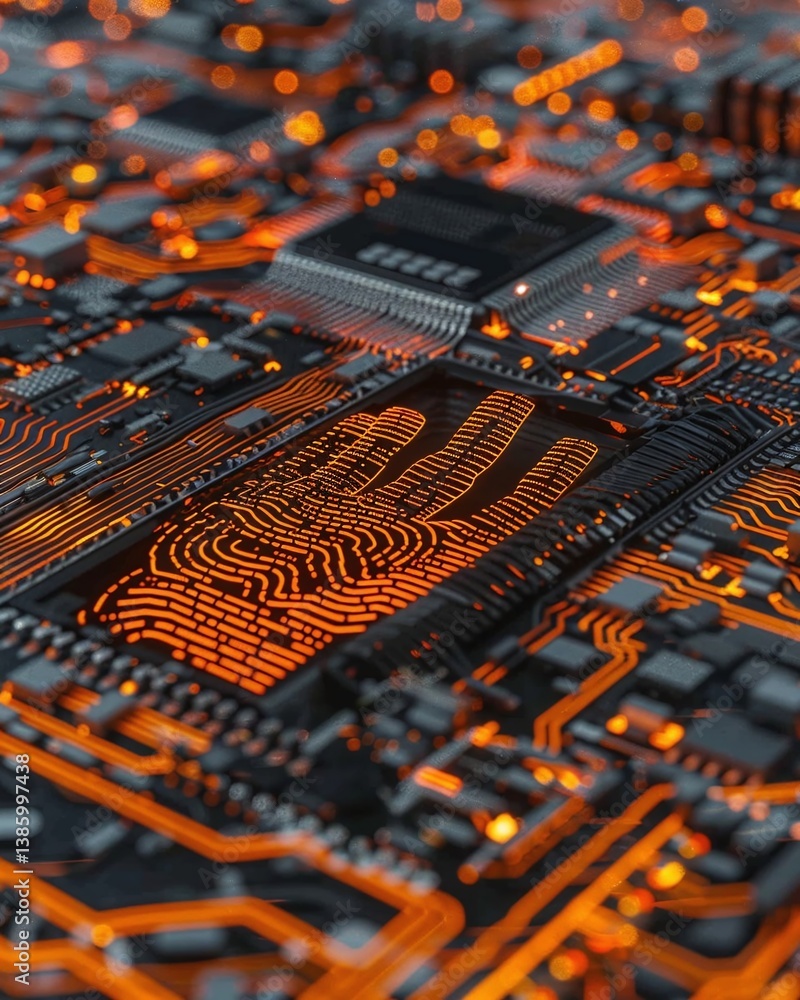 Poster close-up view of a futuristic circuit board featuring glowing orange elements and a fingerprint sens