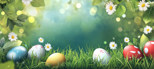 Colorful painted Easter eggs on a green grass meadow with daisies on a sunny day. Happy Easter holiday. Copy space for text, bokeh effect background. 