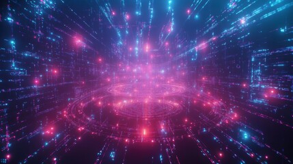 Obraz premium Abstract digital art with glowing pink and blue particles forming concentric circles and radiating lines, creating a futuristic, energy-filled scene.