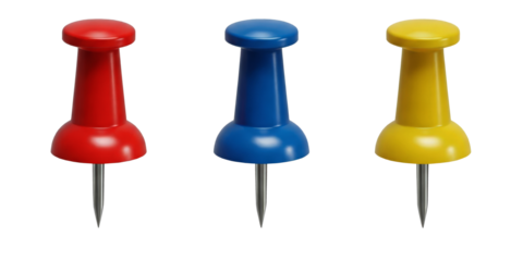 Set of Red blue yellow push pin, metal tip, needle cut out on transparent PNG set, isolated background. Vibrant color office, travel map, school needles, pins bundle.