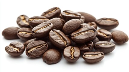 Obraz premium A close-up of a cup filled with roasted coffee beans, with whole beans surrounding it, on a white background