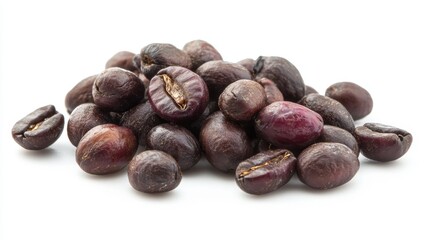 Obraz premium A close-up of a coffee plant with ripe coffee cherries, showing the seeds inside, on a white background
