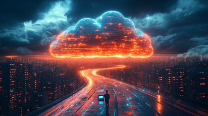 Illustration of a futuristic city under a massive glowing digital cloud, symbolizing data storage, cloud computing, and digital transformation in a stormy, high-tech world.