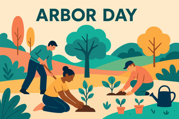 Arbor day celebration with people planting trees in a scenic park setting