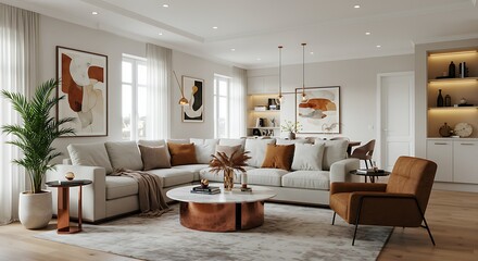 Sophisticated living space featuring a neutral palette and tasteful decor elements