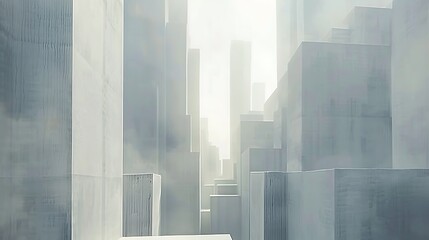 Abstract architectural forms creating a unique city environment in a mist