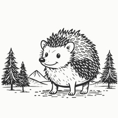 Naklejka premium Cute Hedgehog animal. Prickly hedgehog icon. Wild mammal forest animal character. Hand drawn outline vector sketch illustration on white background
