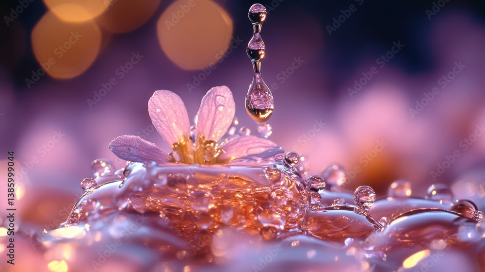 Poster captivating macro shot of a delicate pink flower with water droplets creating a serene and dreamy at