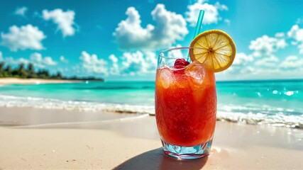 Tropical fruit cocktail with lemon slice and raspberry garnish on sandy beach with turquoise ocean waves. Refreshing exotic beverage against paradise island background with blue sky, white clouds - Powered by Adobe