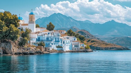 Picturesque Greek Island Village nestled beside the Sea with Majestic Mountains