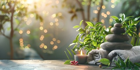 Spa Meditation Setting with Balanced Zen Stones, Warm Candlelight, Rolled Towel & Lush Green Plants – Calming Wellness & Relaxation