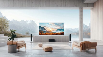 Modern living room with large TV, tranquil mountain view
