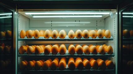 Well - organized eggs in a refrigerated display case, representing available stock, suitable for grocery store visuals, food product marketing, or inventory - in - stock presentations.
