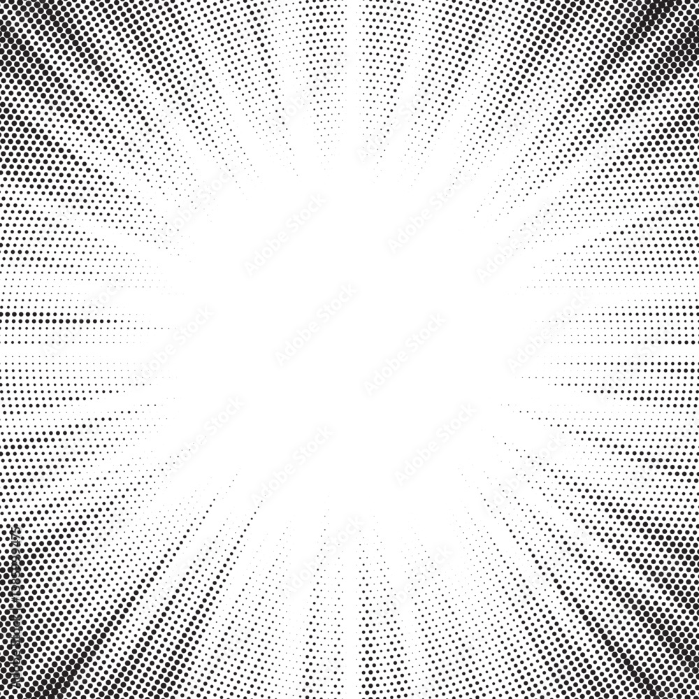 Poster Halftone gradient sun rays pattern. Abstract halftone vector dots background. monochrome dots pattern. Vector background in comic book style with sunburst rays and halftone. Retro pop art design.