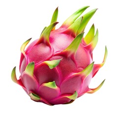 Exotic dragon fruit, naturally vibrant pink skin, leafy green accents, sliced open to reveal white seed-filled interior, ideal for tropical fruit visuals, health-focused projects, and colorful food ar