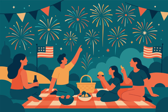 Vibrant independence day celebration with fireworks and picnic scene - Powered by Adobe