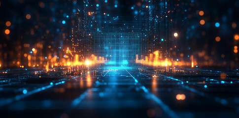 Futuristic 3D data tunnel with glowing blue and orange grid lines, symbolizing data flow, cyberspace, and advanced digital technology.