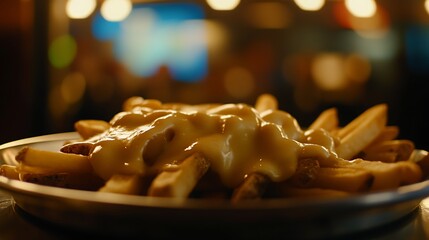 Plate of golden French fries topped with melting cheese sauce in a warm, dimly lit setting, evoking a cozy dining atmosphere, perfect for indulgent comfort food lovers