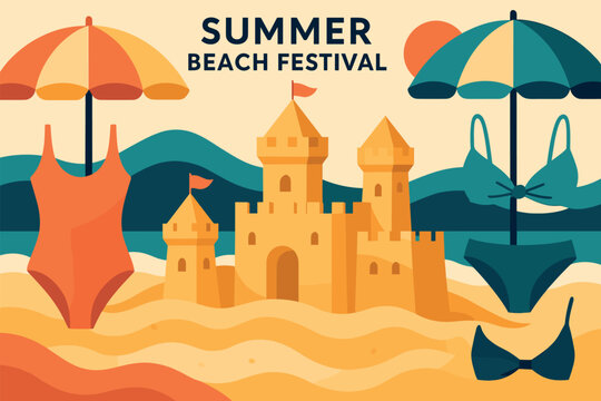 Vibrant summer beach festival design with sandcastle and swimwear