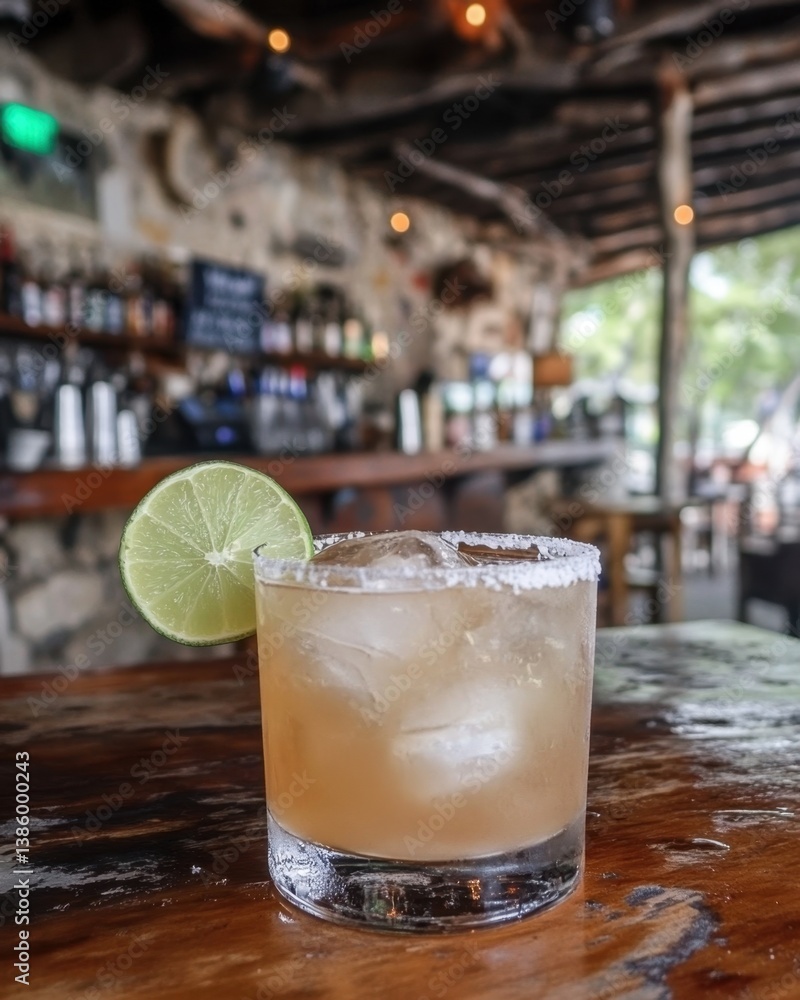Poster refreshing margarita with lime wedge on wooden table in bar setting creating a vibrant and inviting 
