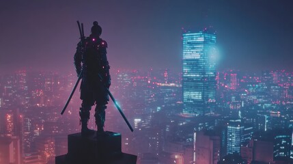 Obraz premium Vigilante stands on rooftop overlooking city during cloudy twilight