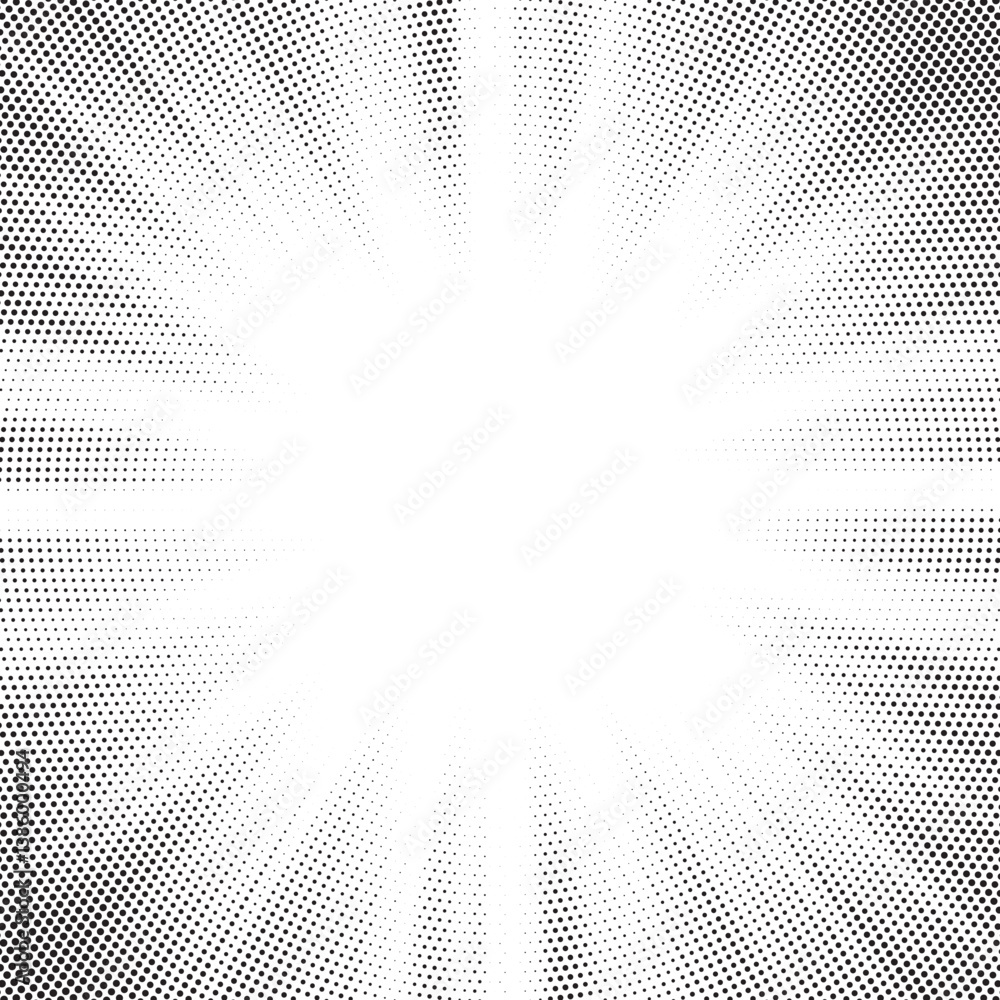 Poster Halftone gradient sun rays pattern. Abstract halftone vector dots background. monochrome dots pattern. Vector background in comic book style with sunburst rays and halftone. Retro pop art design.	