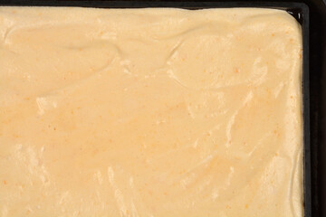 The smooth surface of light-colored unbaked sponge cake batter is ready for baking