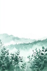 Serene watercolor landscape painting of misty mountains and lush green foliage creating a tranquil and peaceful atmosphere in nature art style