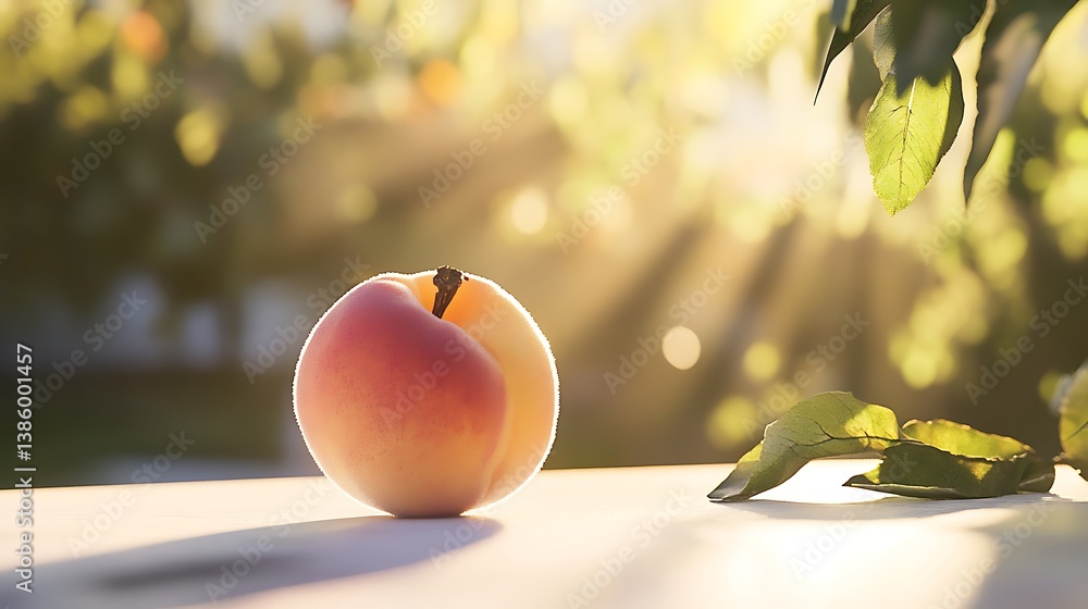 Poster a ripe peach resting on a rustic wooden table, illuminated by soft sunlight filtering through green 