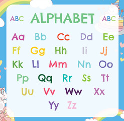 Alphabet uppercase and lowercase letters. Exercise for children to recognize the alphabet. Educational sheet for preschool. English typography abc colorful letters