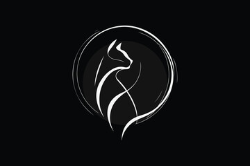 minimalist line art, elegant cat silhouette, stark white against deep black background