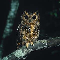Captivating owl perched on mossy branch in dark forest at night, intense eyes, nocturnal predator, wildlife photography, mysterious nature, serene ambience