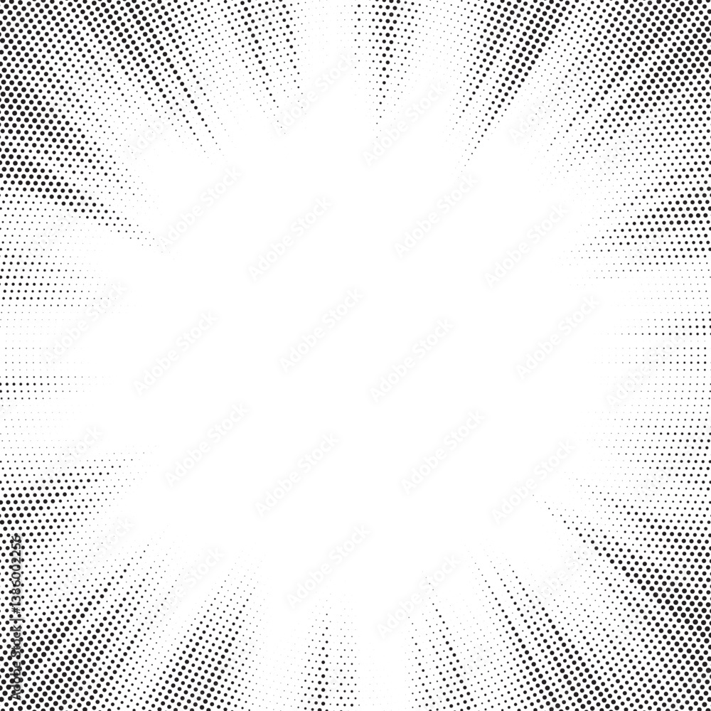 Poster Halftone gradient sun rays pattern. Abstract halftone vector dots background. monochrome dots pattern. Vector background in comic book style with sunburst rays and halftone. Retro pop art design.