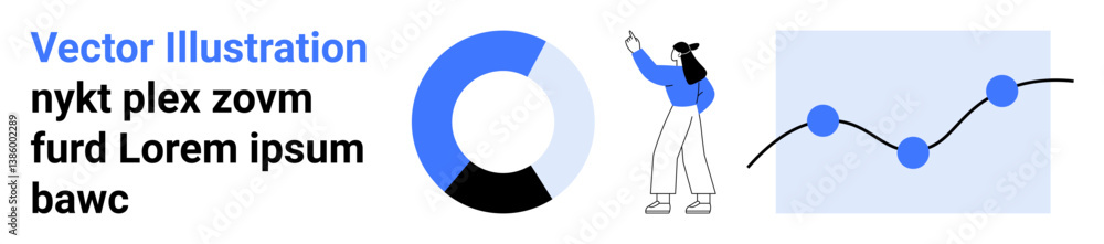 Poster woman pointing to data with a pie chart and a connected data graph. ideal for analytics, statistics,