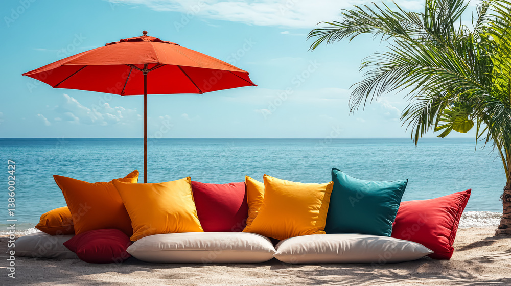 Poster beach scene with a red umbrella and colorful pillows. scene is relaxed and inviting, as if someone i