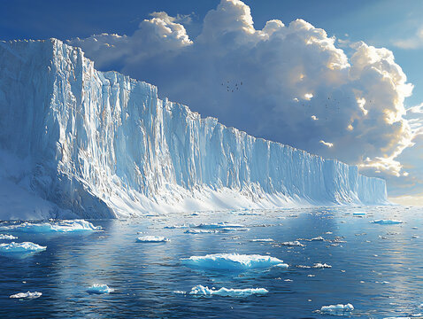  arctic landscape with icebergs and blue sky,