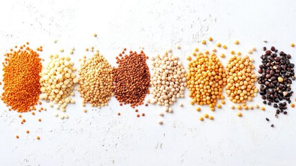 A collection of different types of beans and seeds, including chickpeas and lentils, on a white background