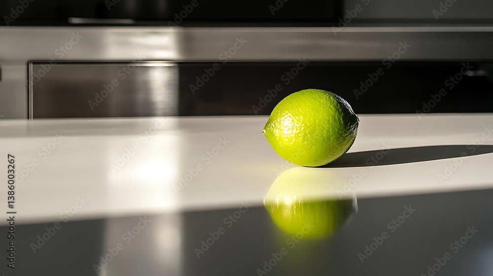 Poster a single green lime on a pristine white countertop casting a soft shadow, illuminated by natural lig