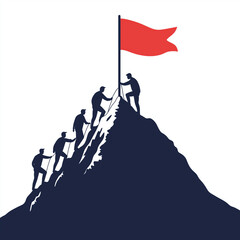 Minimal flat illustration of a business team climbing a mountain together toward a red flag, symbolizing teamwork, leadership, and success.
