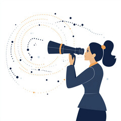 Stylized flat illustration of a woman looking through a telescope into a swirl of data points, representing analysis and digital vision.