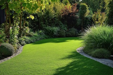 Serene garden landscape featuring lush green lawn bordered by stone path and vibrant foliage creating a peaceful outdoor scene perfect for relaxation