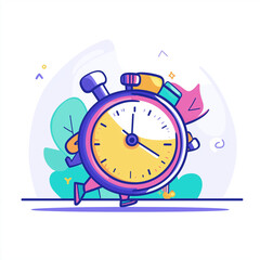 Flat vector art of a colorful alarm clock on a desk, symbolizing time awareness, productivity, and effective scheduling.