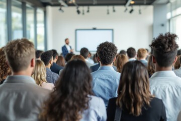 Group of people attending a seminar, photo style, in a modern bright conference room with large windows and a speaker in front, concept of business learning. Ai generative