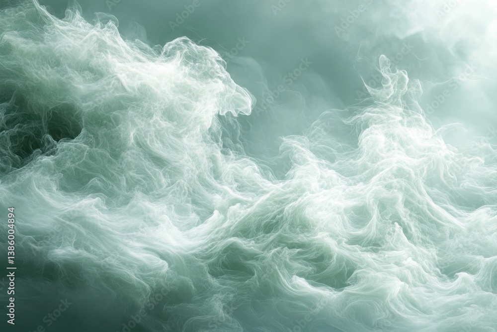 Poster ethereal sea of white smoke and clouds in a dreamy abstract composition with a soft teal background 