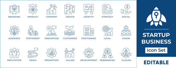 Flat-style line icon set representing startup business concepts including innovation, business ideas, growth, entrepreneurship, funding, planning, market strategy, and teamwork.