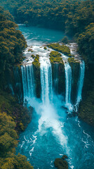 Scenic Aerial View of a Tropical Waterfall in a Picturesque Forest Landscape: A Tranquil Nature Photography Destination for Eco-Tourism Enthusiasts