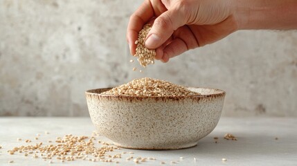 A hand pouring sesame seeds into a bowl, with more seeds scattered on a white surface