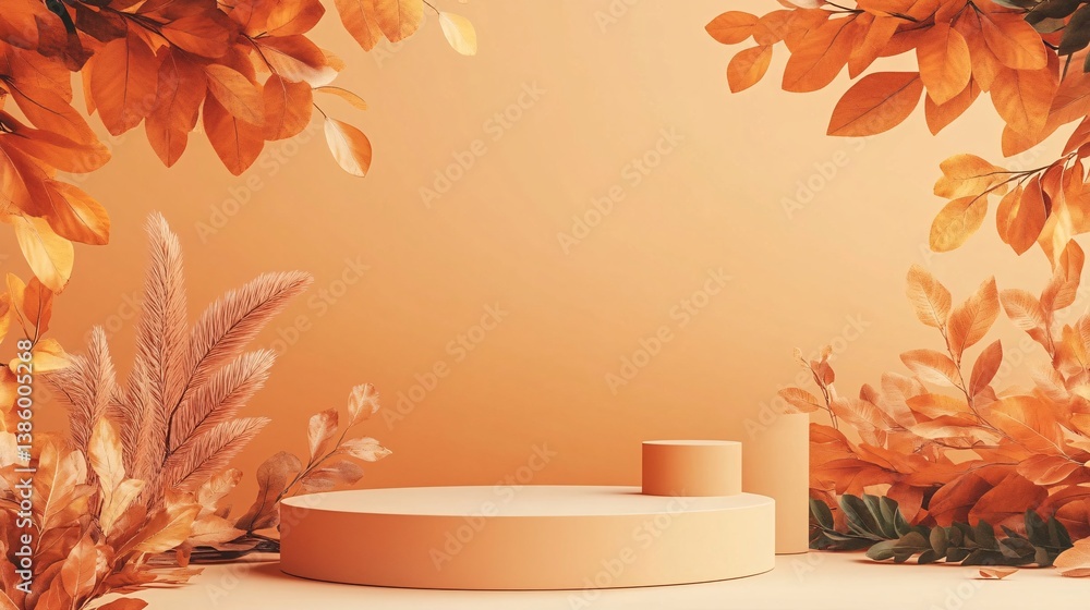 Aufkleber simple product display podium adorned with autumn leaves for product placement