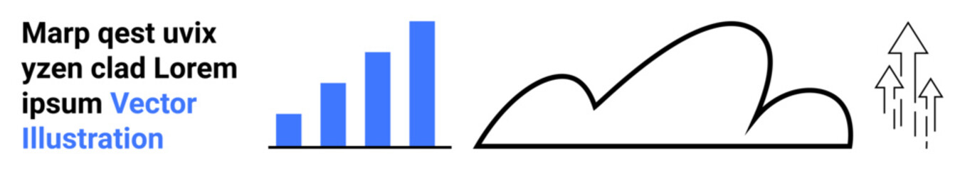 Blue bar graph representing growth, cloud outline symbolizing scalability, and upward arrows indicating progress. Ideal for business, innovation, success, growth, analytics, technology simple
